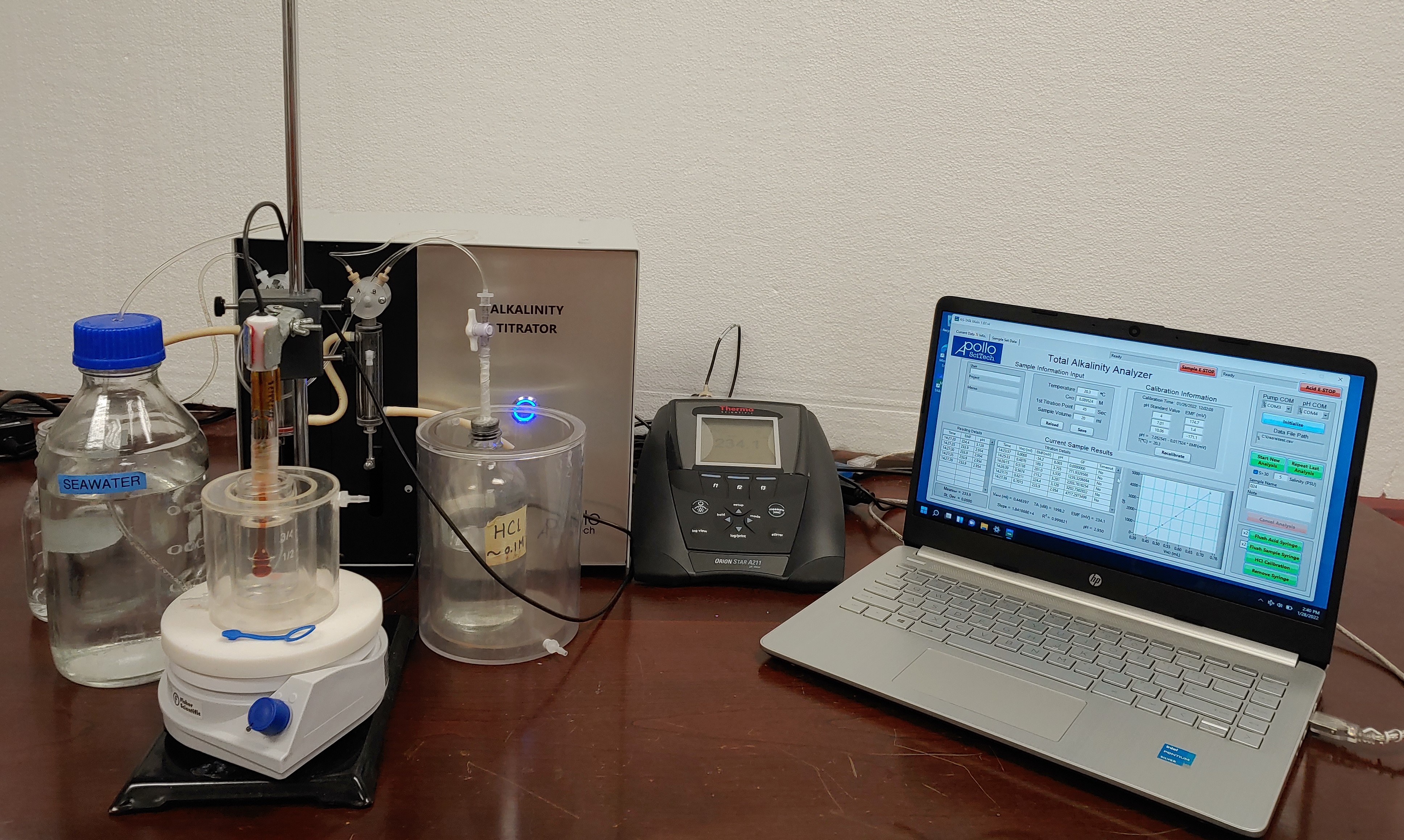 Total Alkalinity Titrator setup in a lab